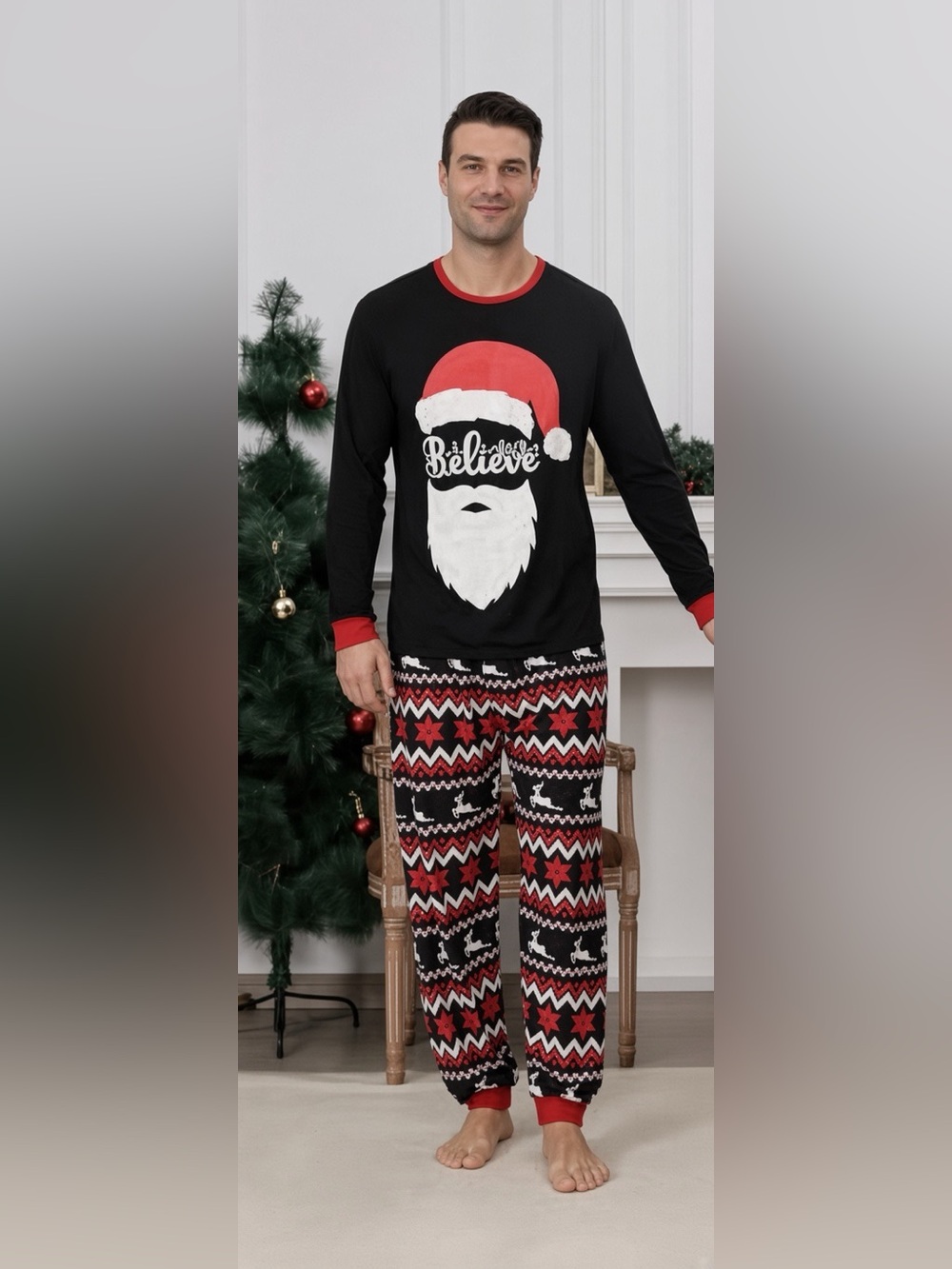 Men’s Black and Red 'Believe' Santa Pajama Set Size XL